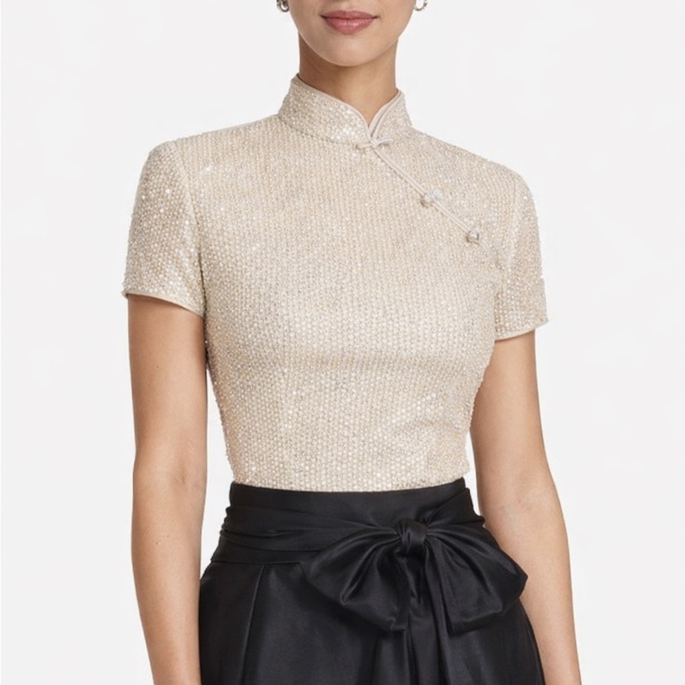 [s] Adrianna Papell Evening Beaded Mandarin Collar Top | Size Small vintage